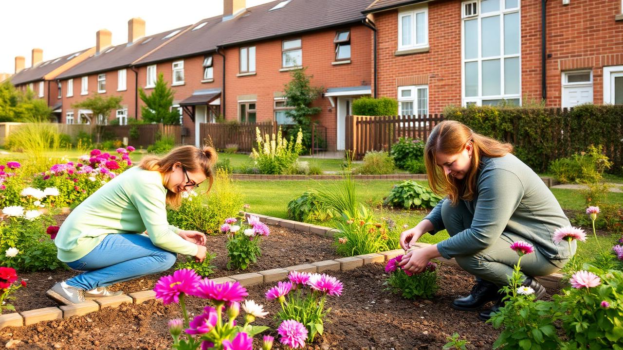 Buurtbewoners planten bloemen in een kleine stadstuin tussen woonhuizen
