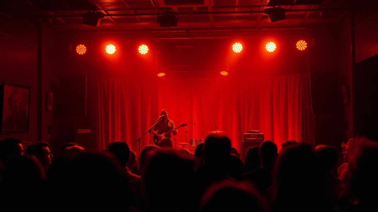 Band op een klein podium in warm spotlicht met publiek op de voorgrond