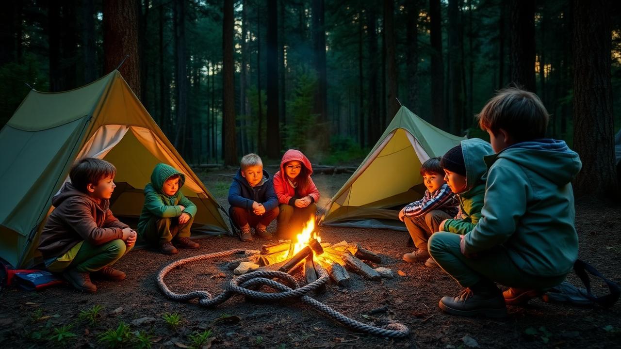 Kinderen rond een kampvuur bij tenten op een open plek in het bos