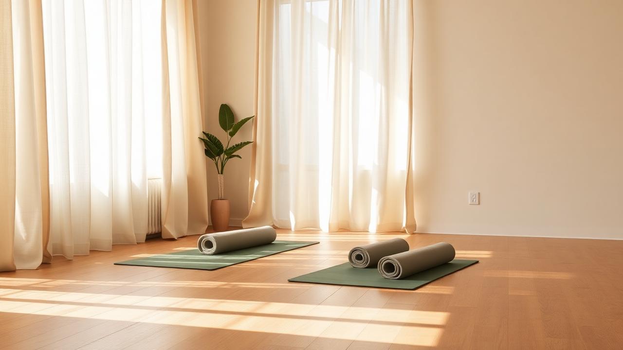 Rustige yogastudio met houten vloer, opgerolde matten en zacht ochtendlicht
