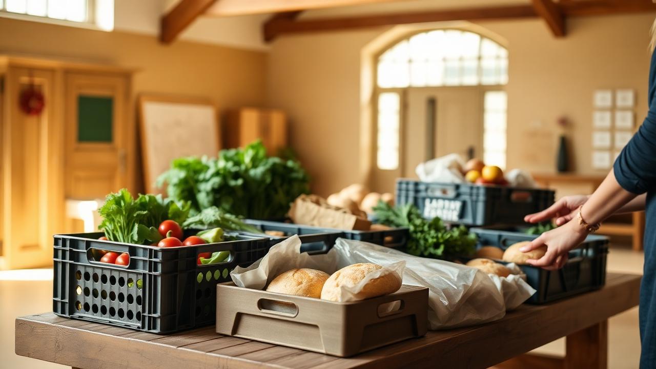 Kratten met verse groenten en brood in een lichte buurtruimte van een voedselpunt